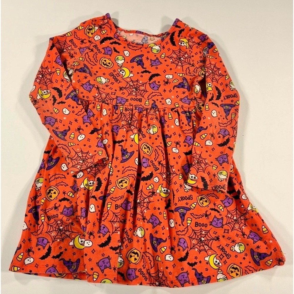 Children's Place Halloween Dress Spooky Pumpkin Print Long Sleeve Orange 4T